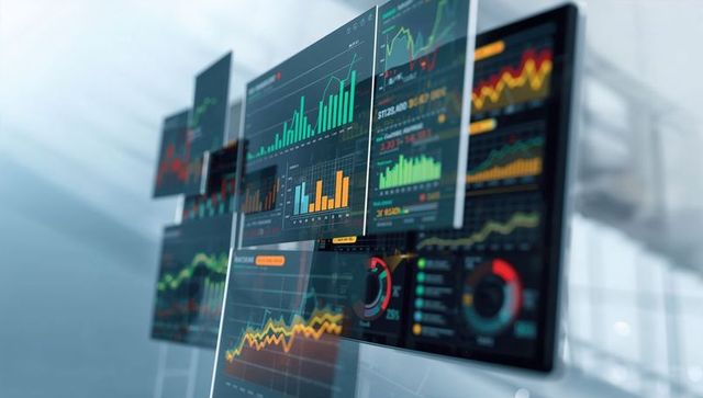 Transparent financial dashboards displaying realtime analytics and metrics on glass panels