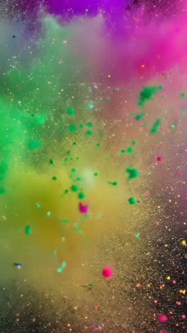 Vertical slow-motion color powder explosion bursting into neon particles and glitter cloud