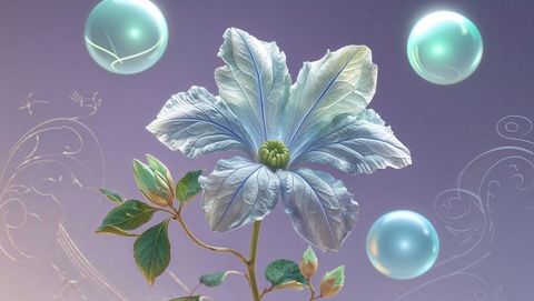 Surreal luminous blue forget me not flower with glowing spheres
