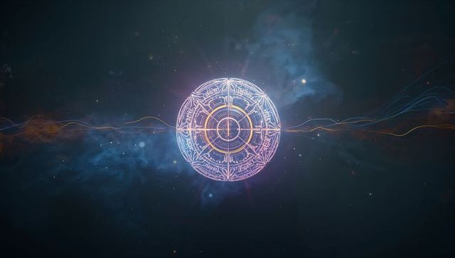 Futuristic glowing techno-symbol in cosmic space