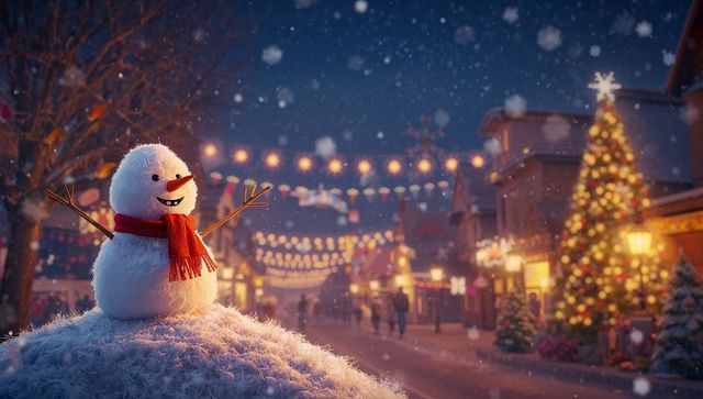 Cheerful Snowman Overlooking Festive Village Street with Bright Lights