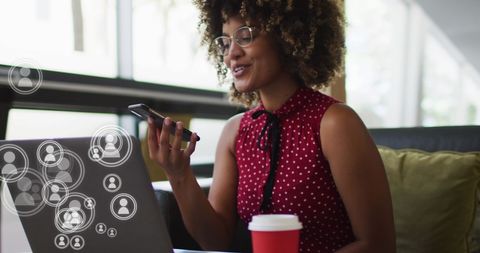 businesswoman engaging in digital communication with media icons - Download Free Stock Images Pikwizard.com