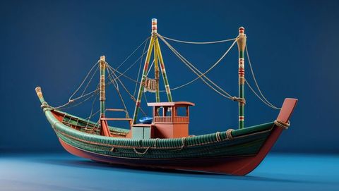 Intricately crafted wooden model boat in studio setting