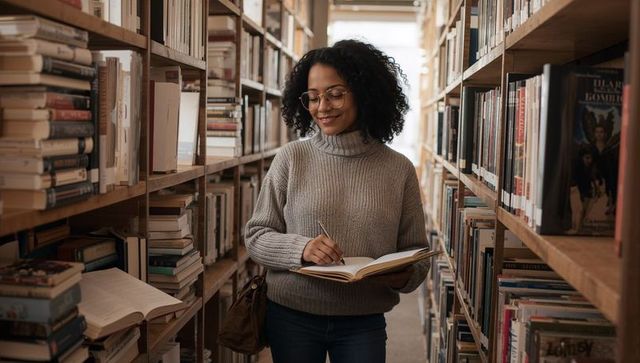Young woman journaling in library aisle wearing cozy sweater and glasses, focused studying