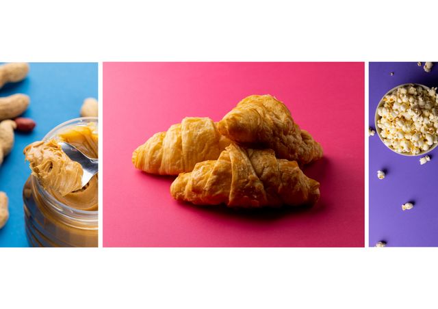 This composition showcasing peanut butter, croissants, and popcorn on colorful backgrounds is perfect for culinary blogs, food-related advertisements, or kitchen wall art. Vibrant colors bring focus to the featured foods, making each element pop visually. Ideal for use in presentations, recipe books, or food and beverage packaging.