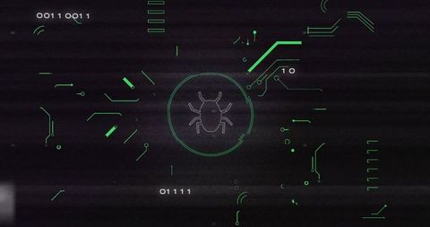 Cybersecurity hud with glitch scan highlighting malware bug glyph and binary overlay