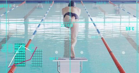 Competitive swimmer diving from starting block with hud telemetry and lane ropes