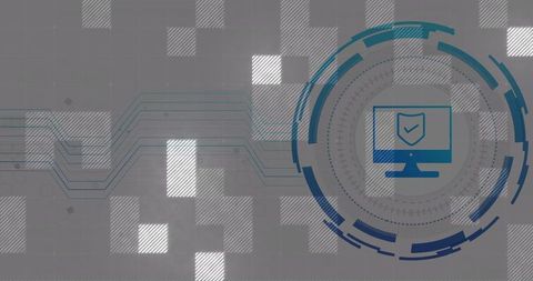 Abstract Cybersecurity HUD with Monitor Shield Icon, Circuit Grid and Digital Tiles Background