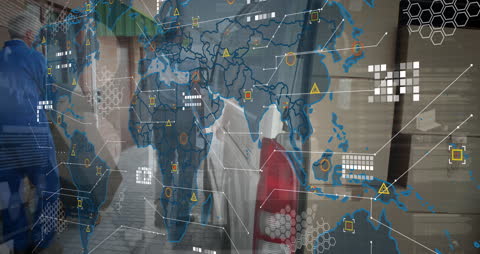 Animated World Map Over Delivery Man Representing Global Networking