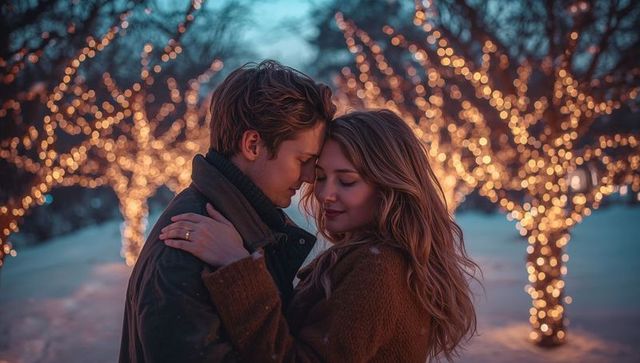 Romantic Winter Engagement with Glowing Lights in Snowy Park