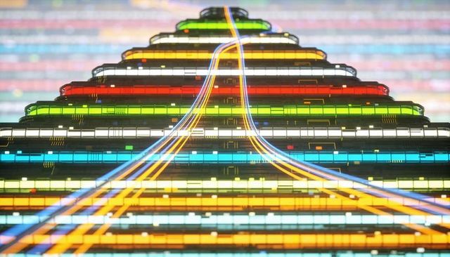 Neon data pyramid with glowing light trails layered holographic bands futuristic circuitry
