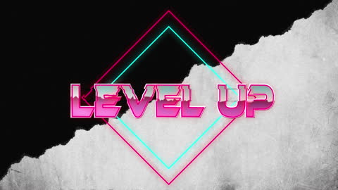 Neon Level Up Text with Abstract Geometric Shapes