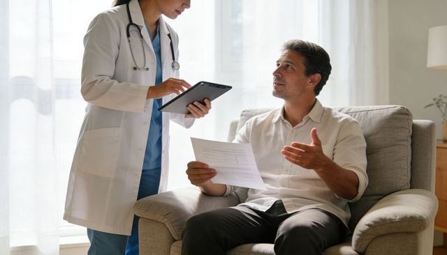 Doctor consulting with male patient at home holding tablet and paperwork in living room
