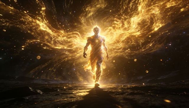 Striding celestial warrior glowing with molten-gold energy and winglike cosmic plumes