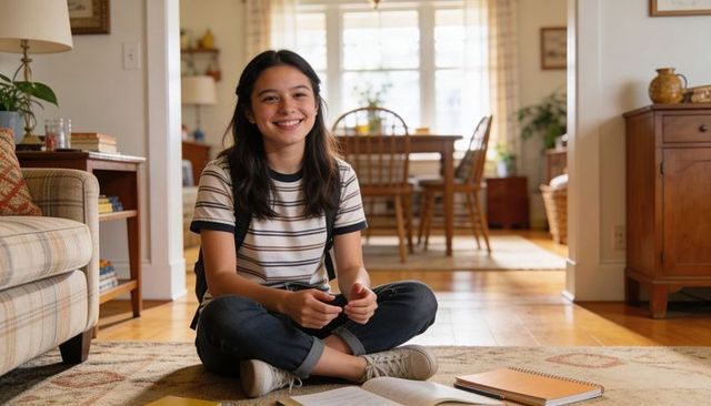 Sunlit teenage girl studying on rug smiling while writing in spiral notebook at home