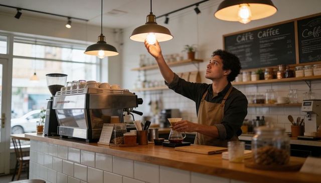 Barista adjusting pendant light while preparing pour-over coffee in cozy rustic cafe
