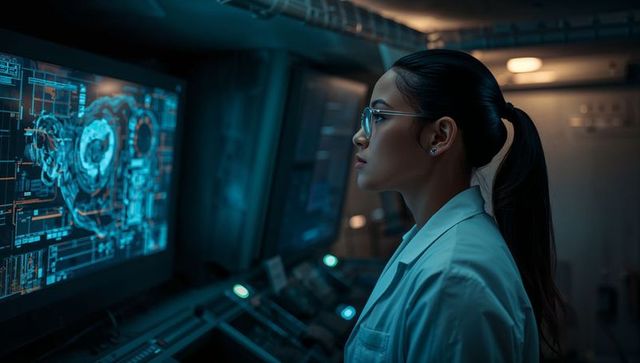 Woman Scientist Analyzing Holographic Data in Futuristic Laboratory Control Bay, Wearing Glasses
