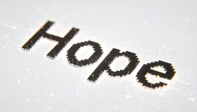 Pixelated 3d hope text with micro-pillars, glowing grid texture and subtle shadows