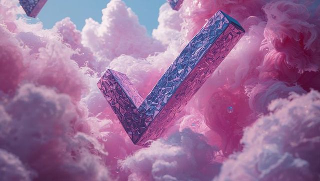 Crystalline check mark amongst pastel clouds