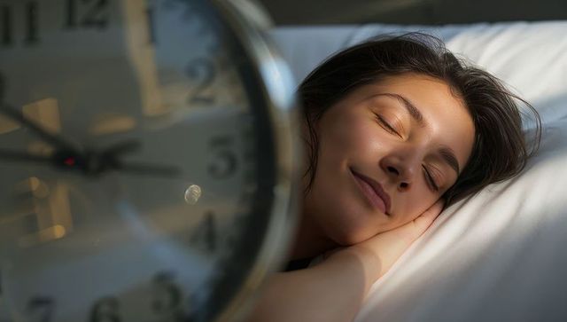 Young woman sleeping peacefully in soft morning light beside blurred alarm clock