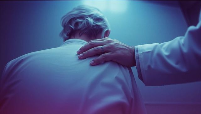 Doctor comforting elderly patient with caring hand on shoulder