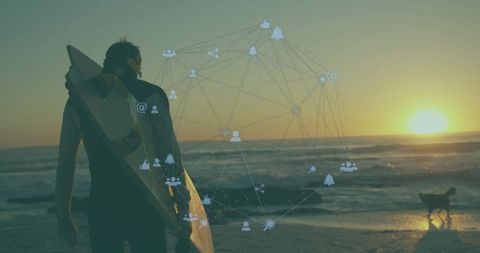 Walking surfer carrying longboard on sunset beach with social network wireframe overlay