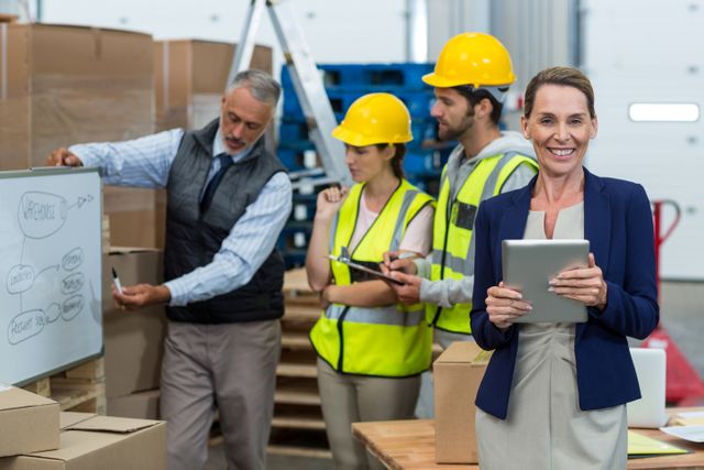 Warehouse manager holding digital tablet while team members discuss logistics in background. Ideal for illustrating concepts of leadership, teamwork, and industrial operations. Useful for business presentations, articles on warehouse management, and promotional materials for logistics companies.
