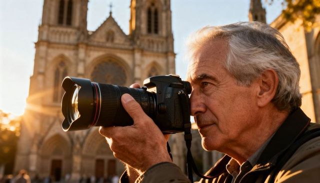 Senior photographer capturing gothic cathedral at golden hour with dslr and zoom lens