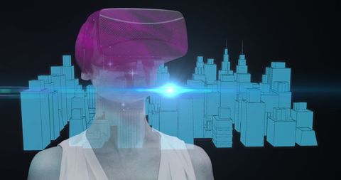 Woman Experiencing Virtual Reality Cityscape with VR Headset