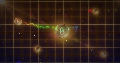 Futuristic digital bitcoin with electric neon trail