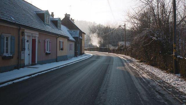 Curving wet road leading past pastel village houses with morning steam, frost, soft light