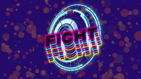 Retro Futuristic Fight Text with Neon Lights and Abstract Circle
