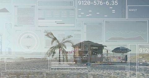 Group Gathering Under Palm Trees on Sunny Tropical Beach with Futuristic Data Overlay