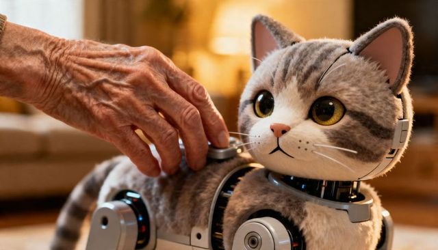 Senior hand attaching sensor to robotic tabby cat companion in cozy home interior