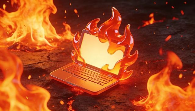 Laptop engulfed in flames representing cybersecurity breach, overheating and data loss