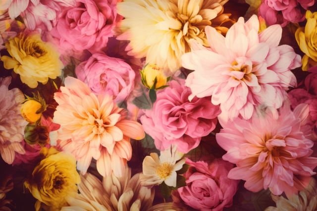 Bright and colorful floral arrangement featuring an assortment of blossoms in various shades of pink, yellow, and white. Ideal for use in spring or summer-themed designs, promotional materials for florists, wedding invitations, or botanical backgrounds.
