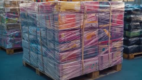 Shrink-Wrapped Pallet of Colorful Boxes in Warehouse