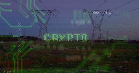Futuristic crypto graphics overlaying rural landscape with power lines