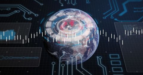 3d earth in futuristic data interface with circuit patterns