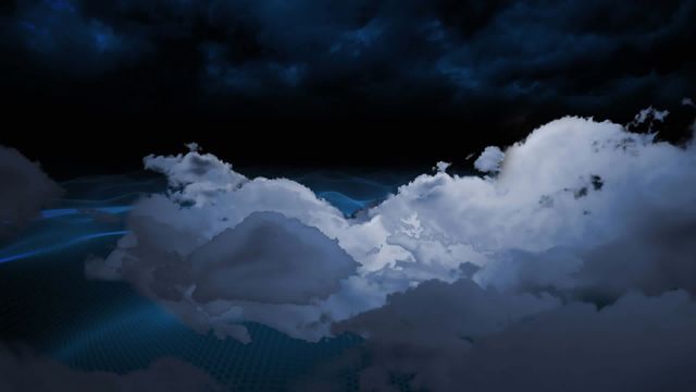 This animation portrays clouds moving majestically over geometric shapes in a nighttime scene with blue tones. Ideal for use in presentations on global business, digital technologies, weather forecasting platforms or cinematic backgrounds with a modern touch.