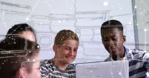 Students collaborating on laptop with digital network overlay in modern classroom