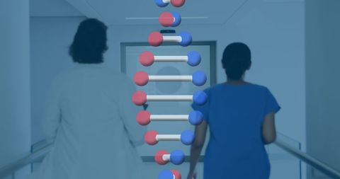Medical Research with 3D DNA Helix Overlay in Hospital Corridor