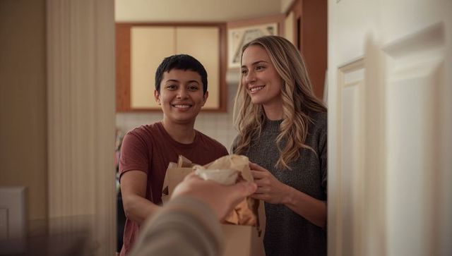 Smiling couple receiving grocery delivery at home doorway, cozy kitchen moment