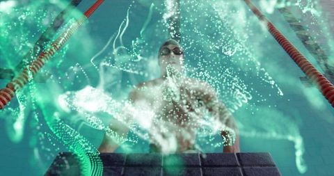 Futuristic Swimmer on Starting Block with Data Visualization
