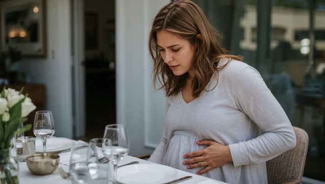 Expectant woman holding belly at dining table with tulips in sunlit contemporary home