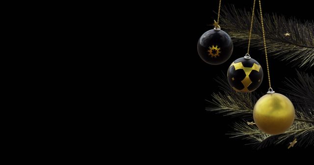 Elegant Black and Gold Christmas Baubles on Tree Branch - Download Free Stock Images Pikwizard.com