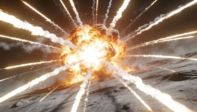 Exploding fireball sending radial flares across barren rocky plain with shockwave and smoke