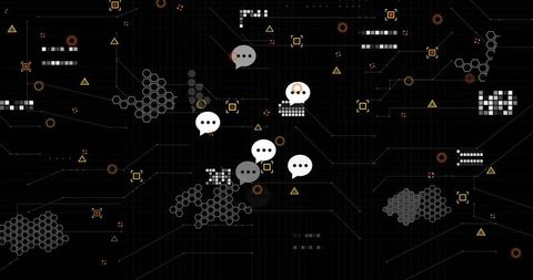 Dark Tech Network Interface Visualizing Chat Bubble Nodes, Hexagonal Data Topology