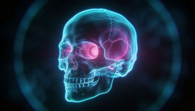Rotating neon skull hologram with glowing cyan outline and magenta eye core