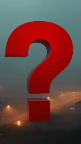 Hovering giant red question mark over foggy rooftop at night, camera pulling back revealing mystery